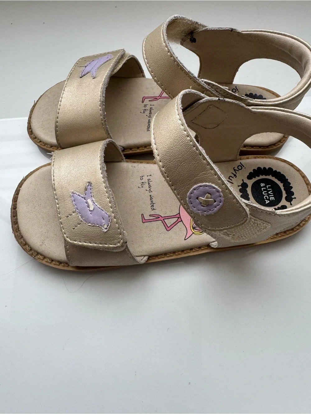 Livie & Luca Gold Sandals with Lilac Bird Accents USED size 11